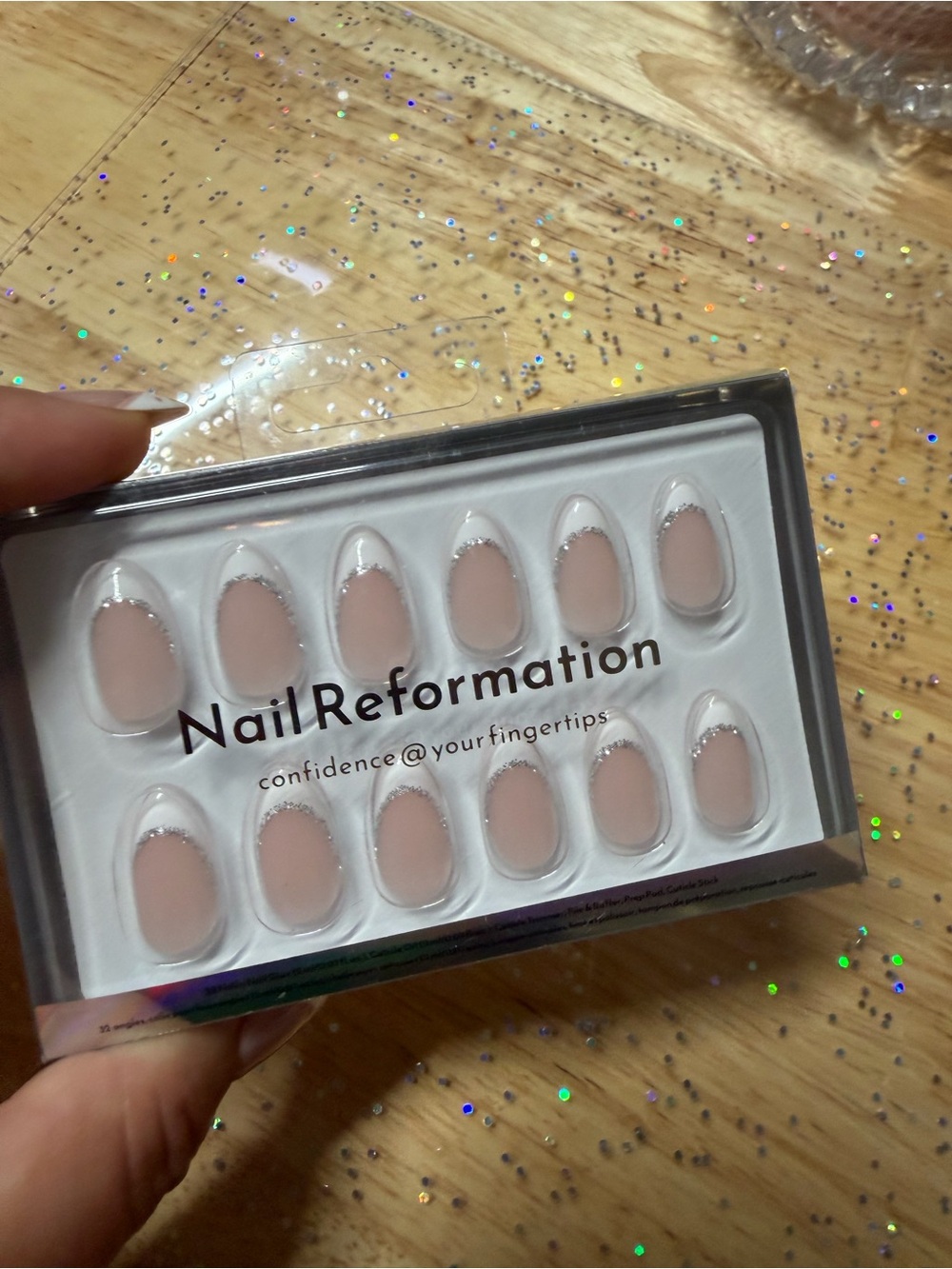 Reformation Nude Press-On Nails with Silver Glitter French Tips